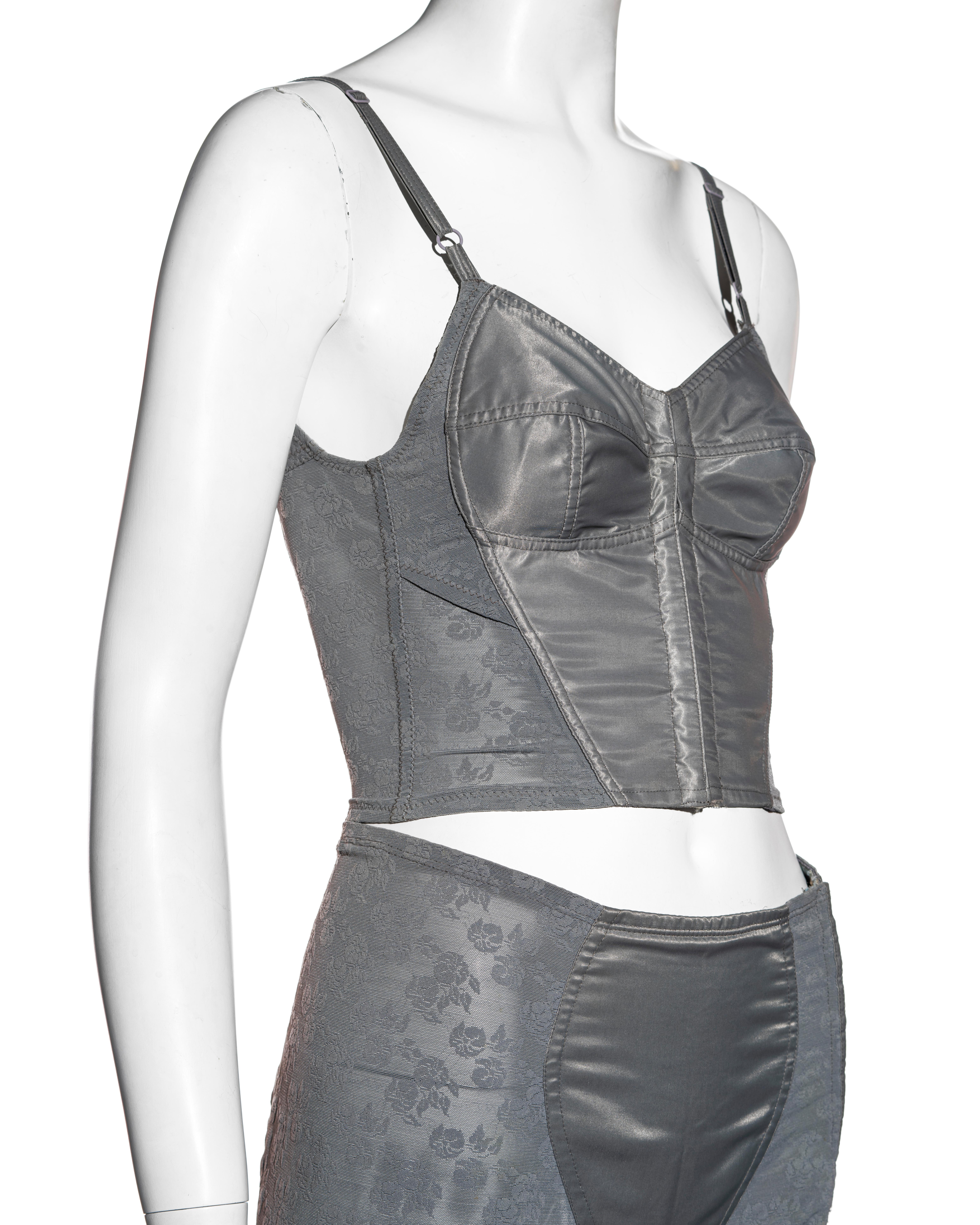 Dolce & Gabbana grey floral jacquard mesh corset and pants set, c. 1996-1998 In Excellent Condition In London, GB
