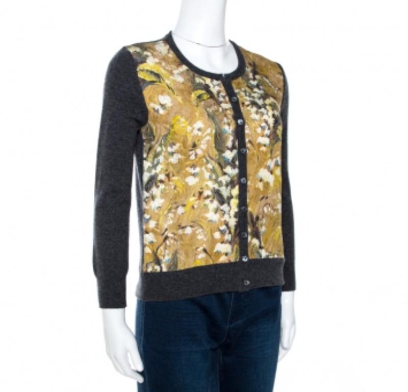 Dolce & Gabbana Grau Floral Jacquard getäfelte Wolle Strickjacke S im Zustand „Hervorragend“ im Angebot in Dubai, Al Qouz 2