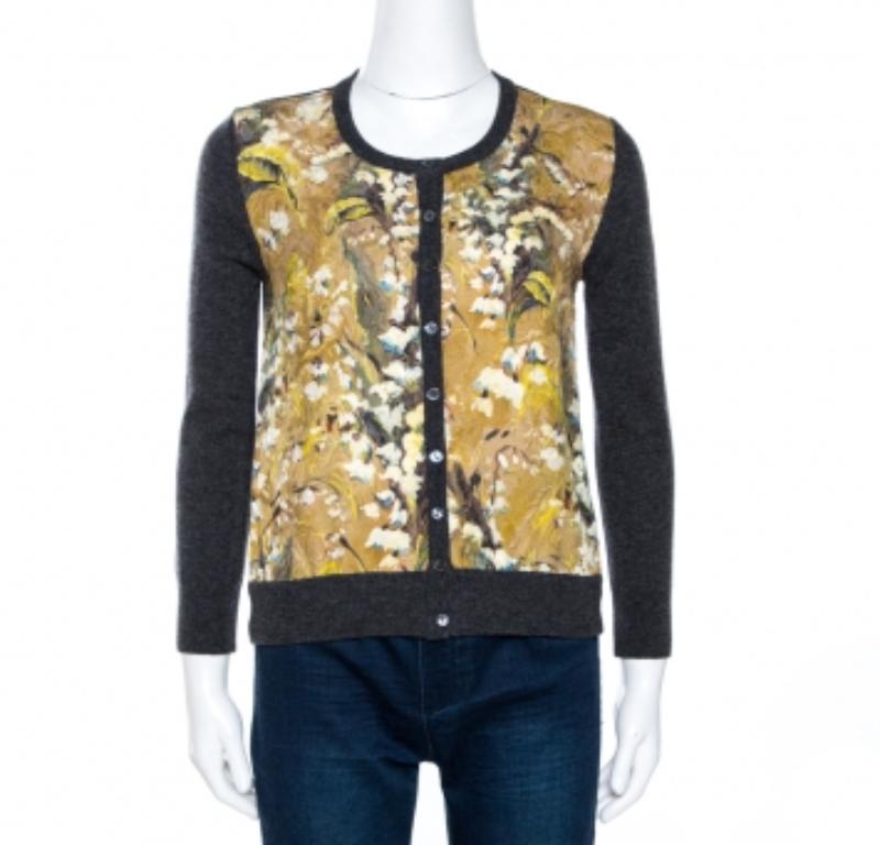 Dolce & Gabbana Grau Floral Jacquard getäfelte Wolle Strickjacke S im Angebot