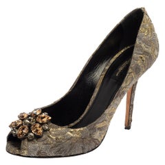 Dolce 
Gabbana Grey Floral Print Brocade Fabric Bellucci Crystal Pumps Size 40