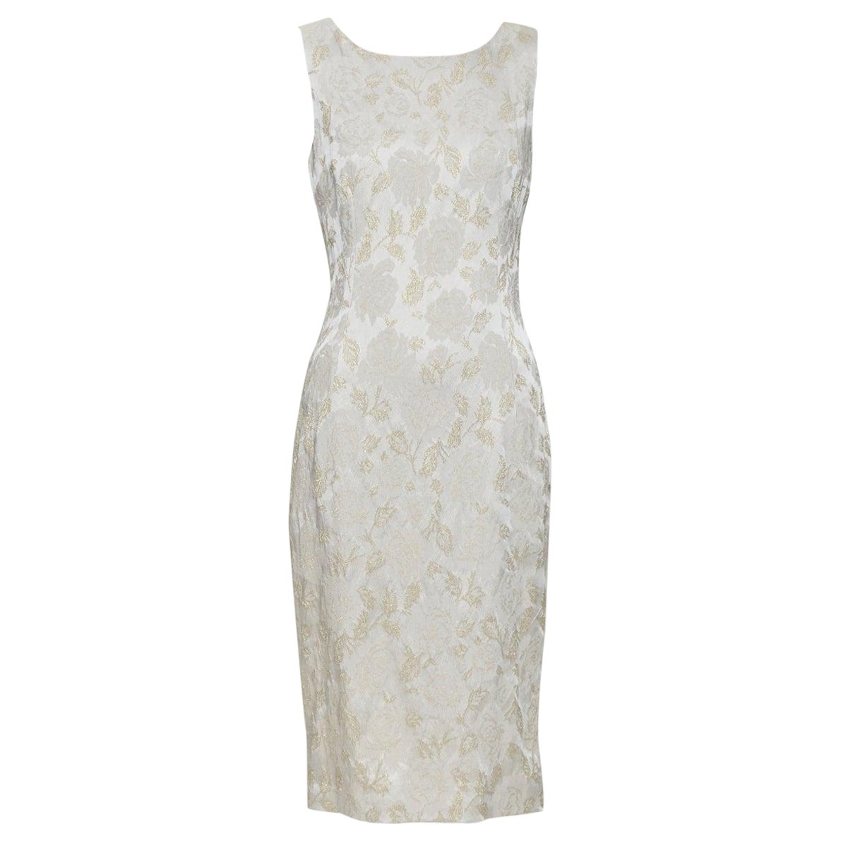 DOLCE GABBANA robe fourreau à encolure bateau en jacquard floral lurex gris or IT42 M en vente