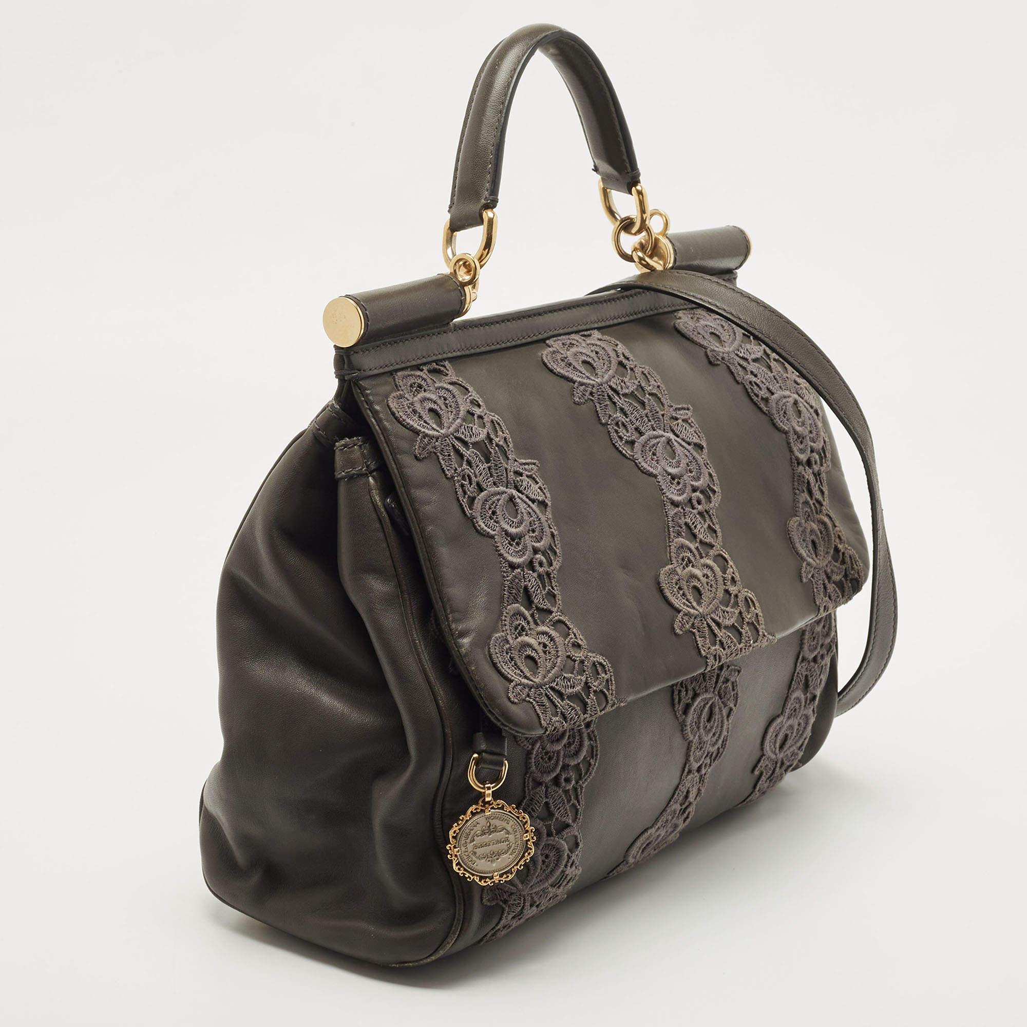 Dolce & Gabbana Grey Lace and Leather Large Miss Sicily Top Handle Bag In Good Condition In Dubai, Al Qouz 2