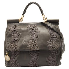 Dolce & Gabbana Grey Lace and Leather Large Miss Sicily Top Handle Bag