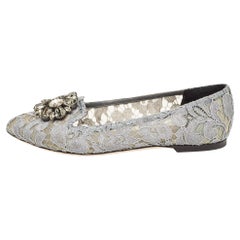 Used Dolce & Gabbana Grey Lace and Mesh Bellucci Crystal Embellished Ballet Flats Siz