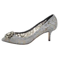 Dolce & Gabbana Grey Lace and Mesh Bellucci Crystal Embellished Pumps Size 40.5