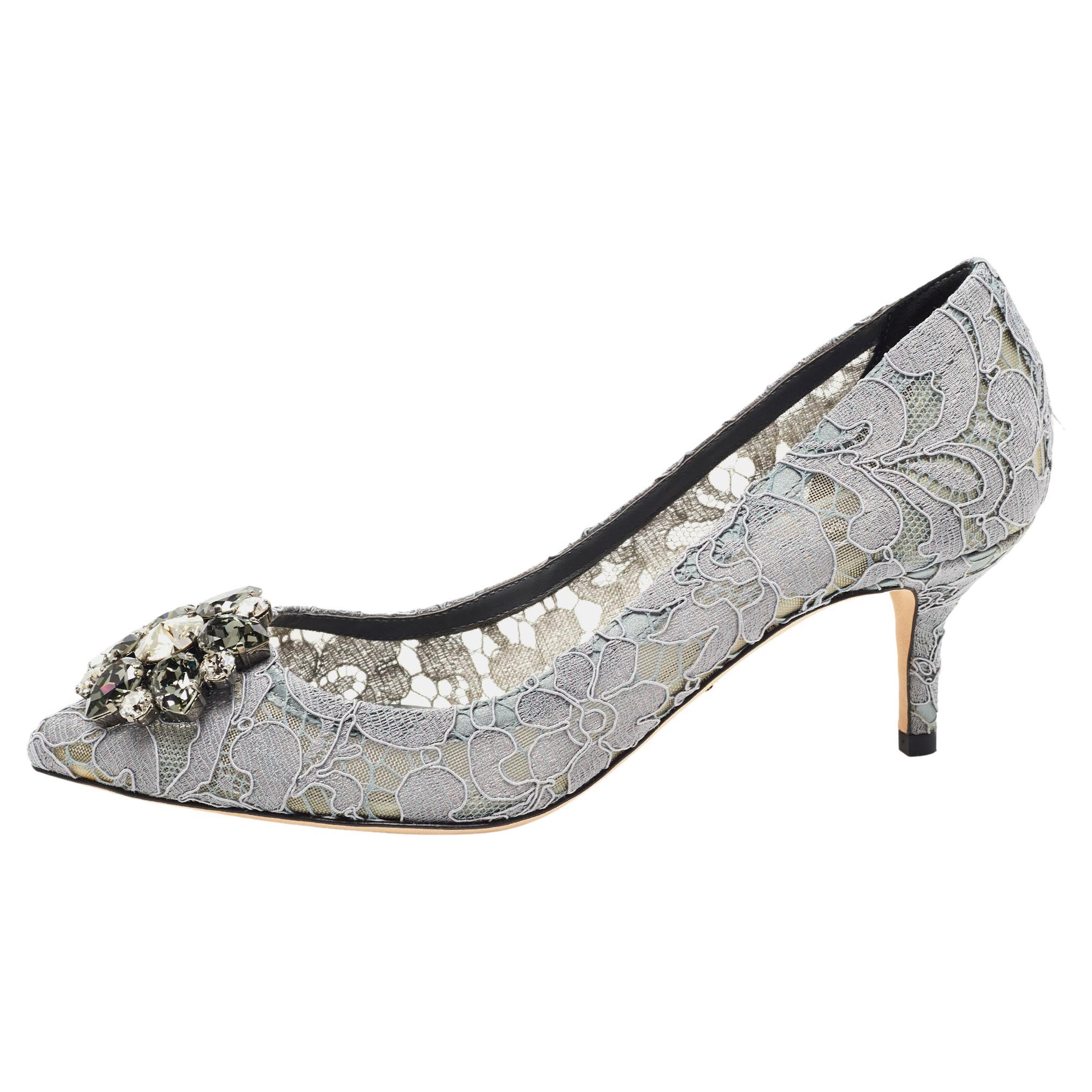 Dolce and Gabbana Grey Lace Crystal Embellished Bellucci Pumps Size 37.5 at 1stDibs