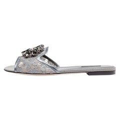 Dolce & Gabbana Grey Lace Jeweled Embellishment Flat Slides Size 40.5