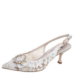 Dolce & Gabbana Grey Lace Lori Embellished Slingback Sandals Size 37.5