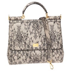 Dolce & Gabbana Grey Lace Print Leather Large Miss Sicily Top Handle Bag