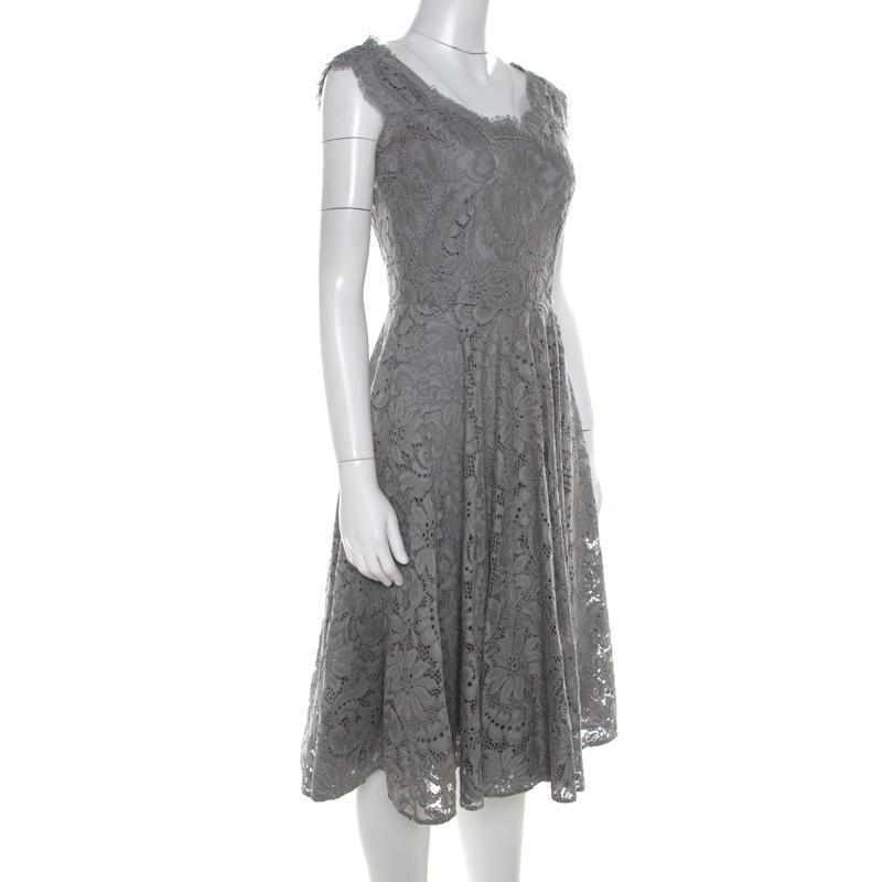 Gray Dolce & Gabbana Grey Lace Sleeveless Flared Dress S
