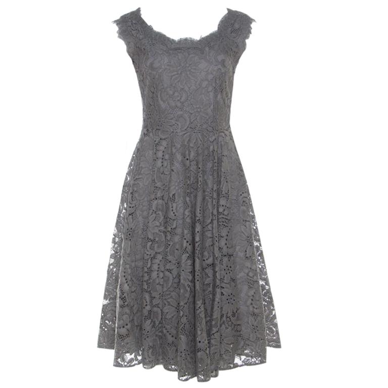 Dolce & Gabbana Grey Lace Sleeveless Flared Dress S