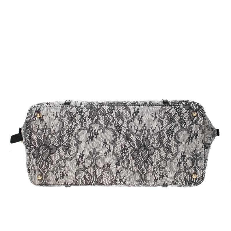 Black Dolce & Gabbana Grey Leather Lace Print Miss Escape Tote