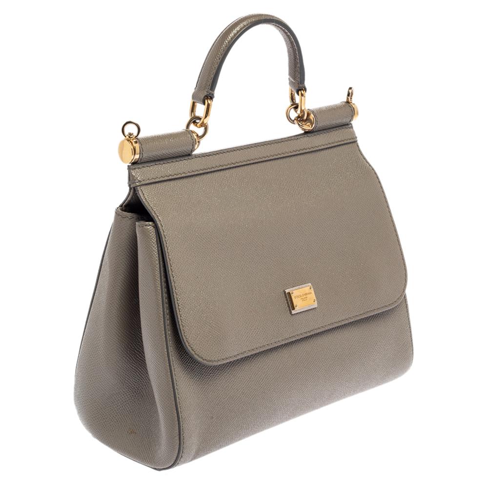 Dolce & Gabbana Grey Leather Medium Miss Sicily Top Handle Bag In Good Condition In Dubai, Al Qouz 2