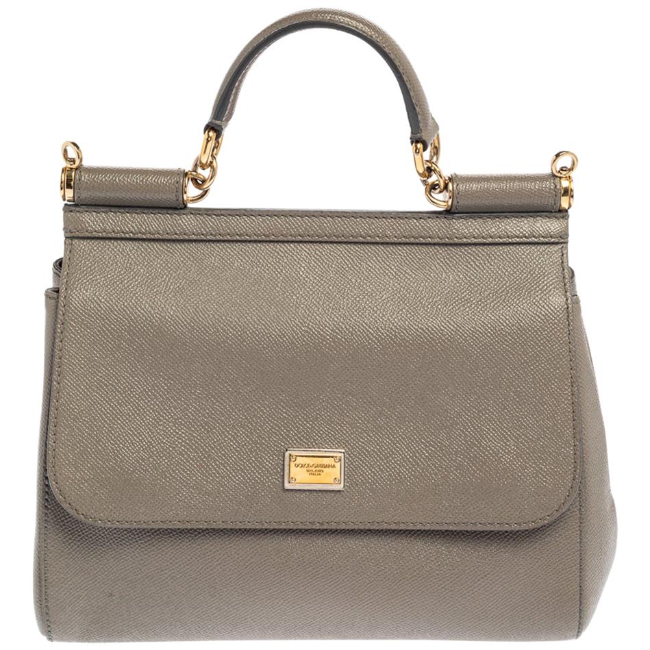 Dolce & Gabbana Grey Leather Medium Miss Sicily Top Handle Bag