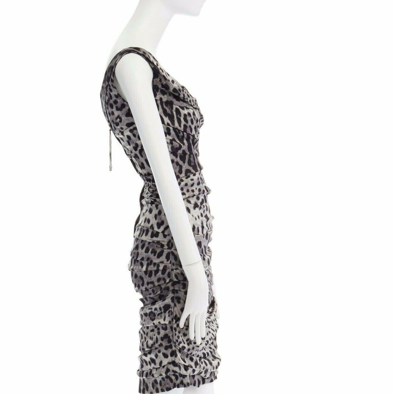 Gray DOLCE GABBANA grey leopard print silk ruched bodycon party dress IT38 XS