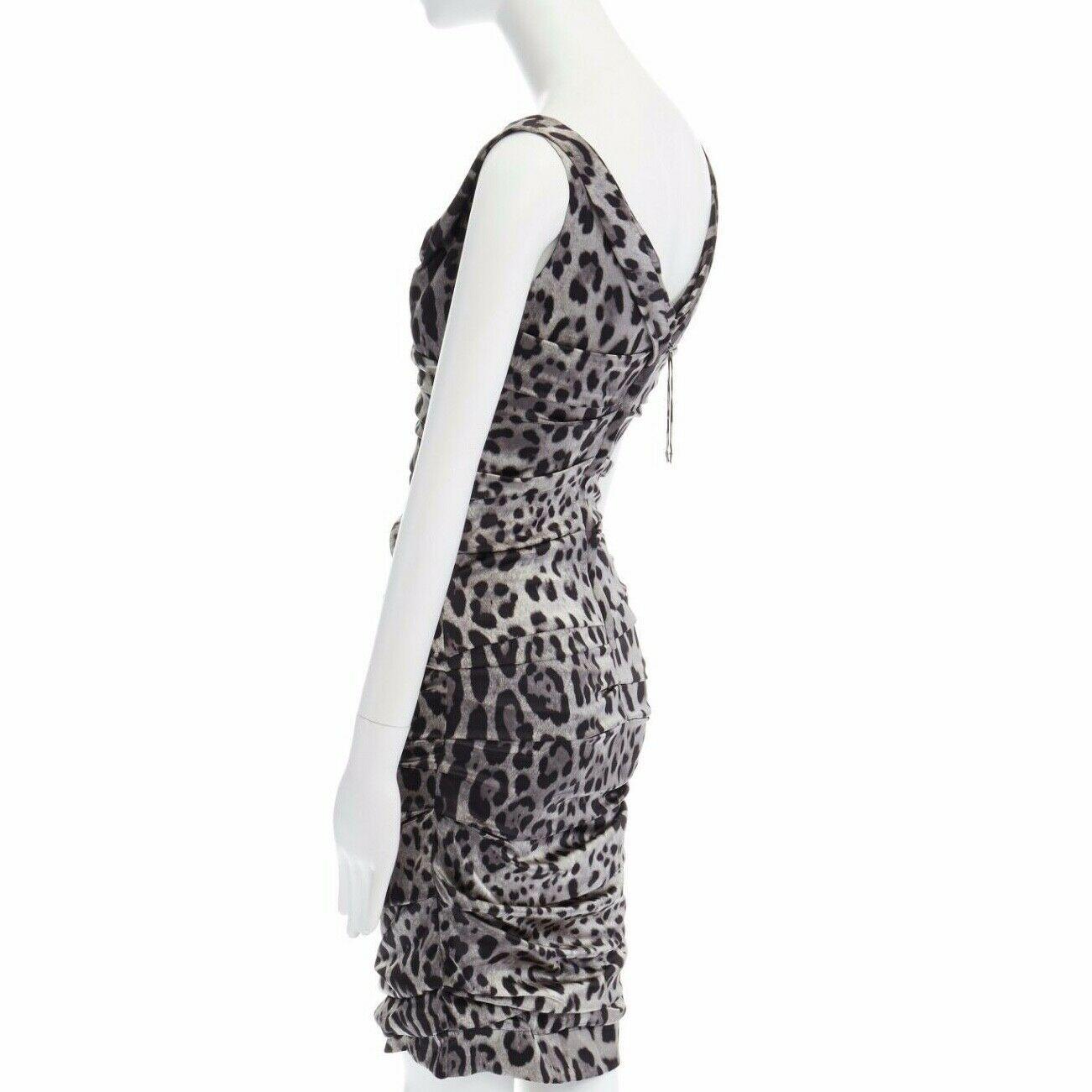 Women's DOLCE GABBANA grey leopard print silk ruched bodycon party dress IT38 XS