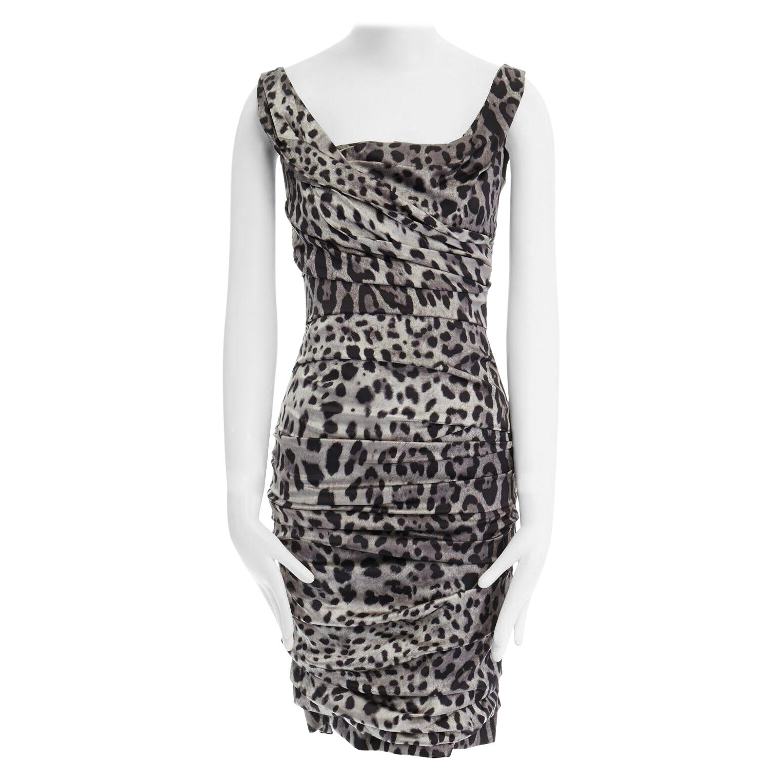 DOLCE GABBANA grey leopard print silk ruched bodycon party dress IT38 XS