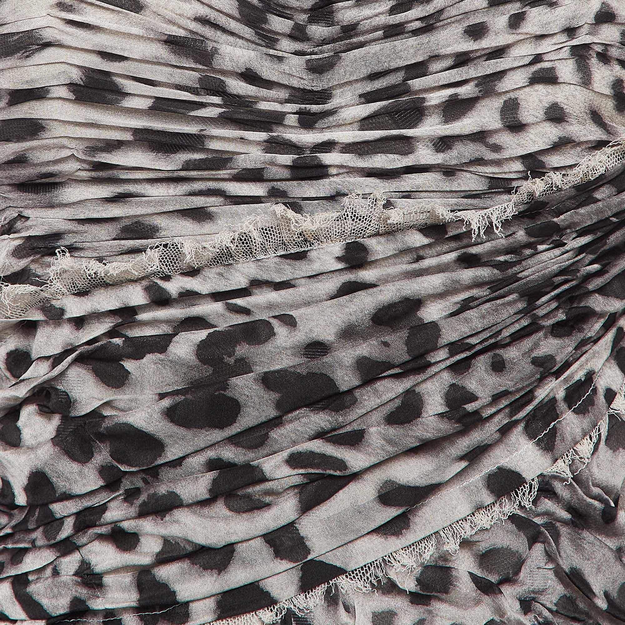 Gray Dolce & Gabbana Grey Leopard Print Silk Ruched Midi Dress M