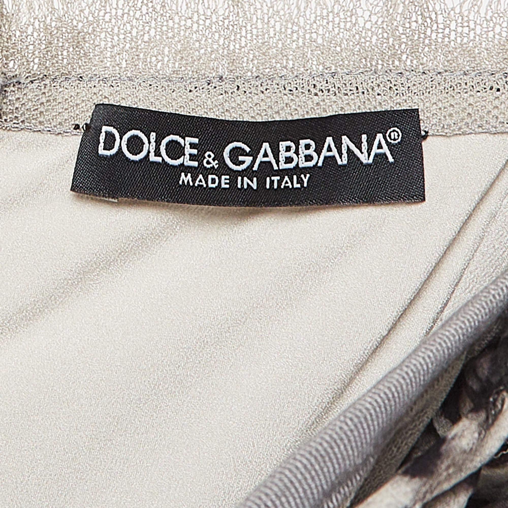 Women's Dolce & Gabbana Grey Leopard Print Silk Ruched Midi Dress M