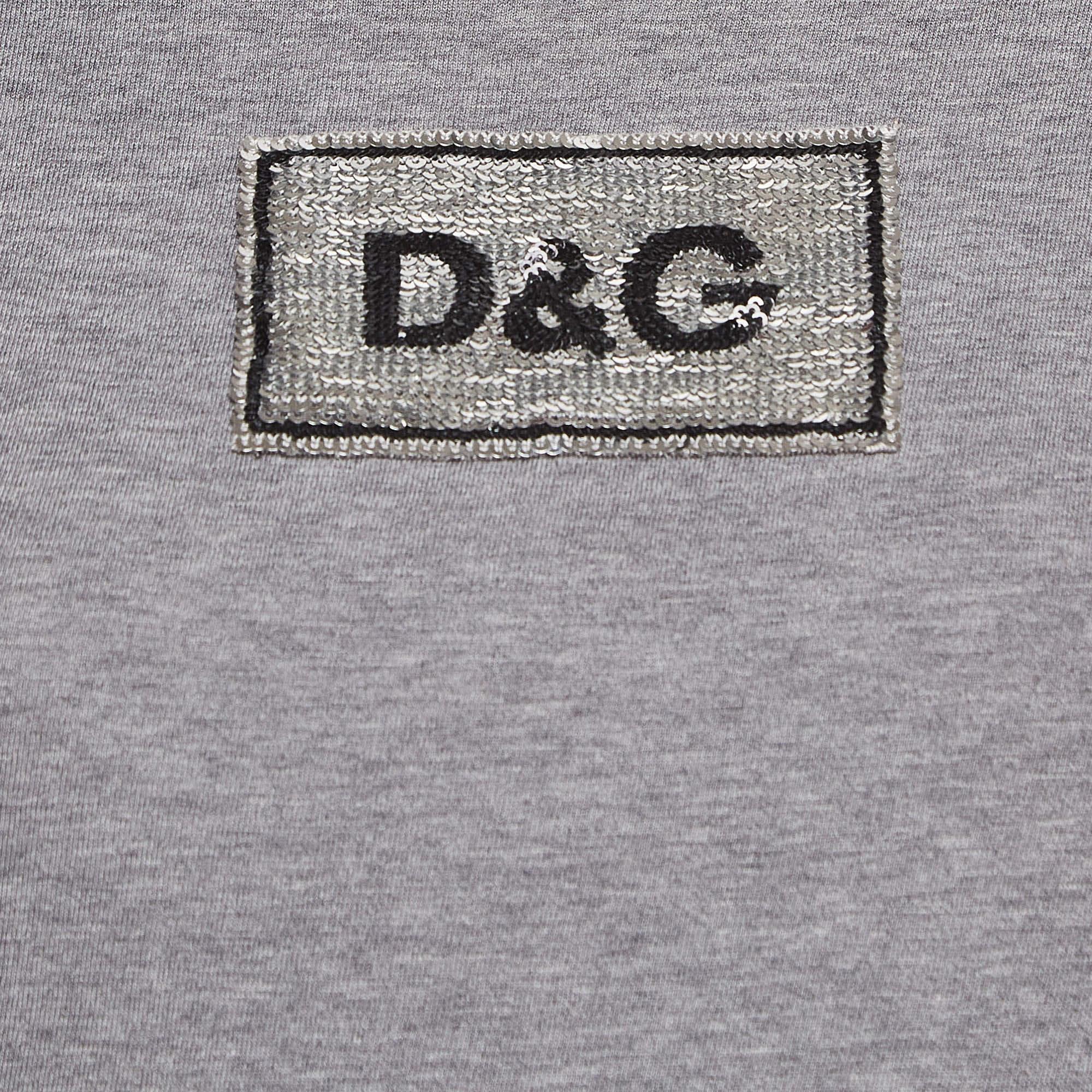 Gray Dolce & Gabbana Grey Logo Embellished Cotton Knit T-Shirt S For Sale