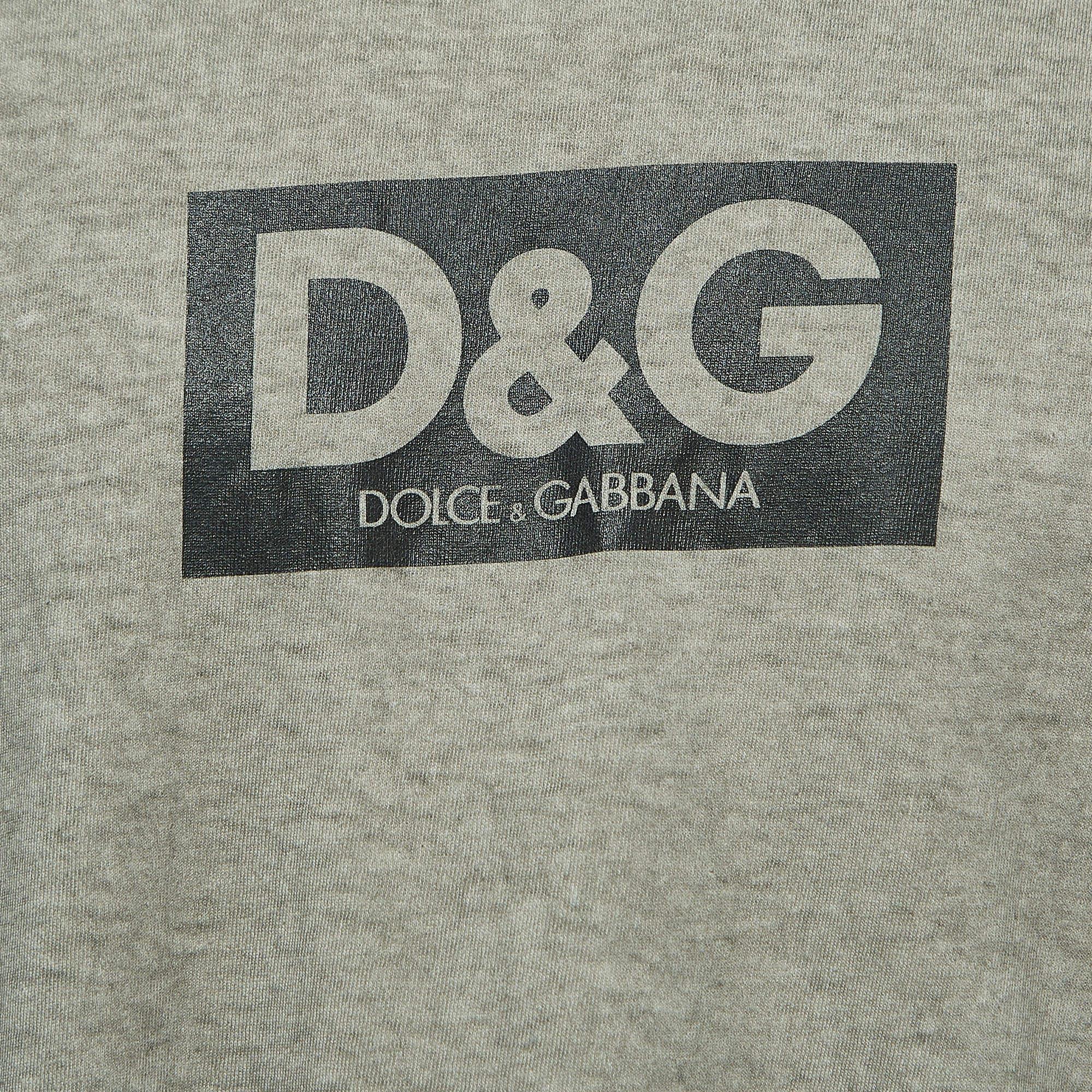 Dolce & Gabbana Grey Logo Print Distressed Cotton Half Sleeve T-Shirt M 1
