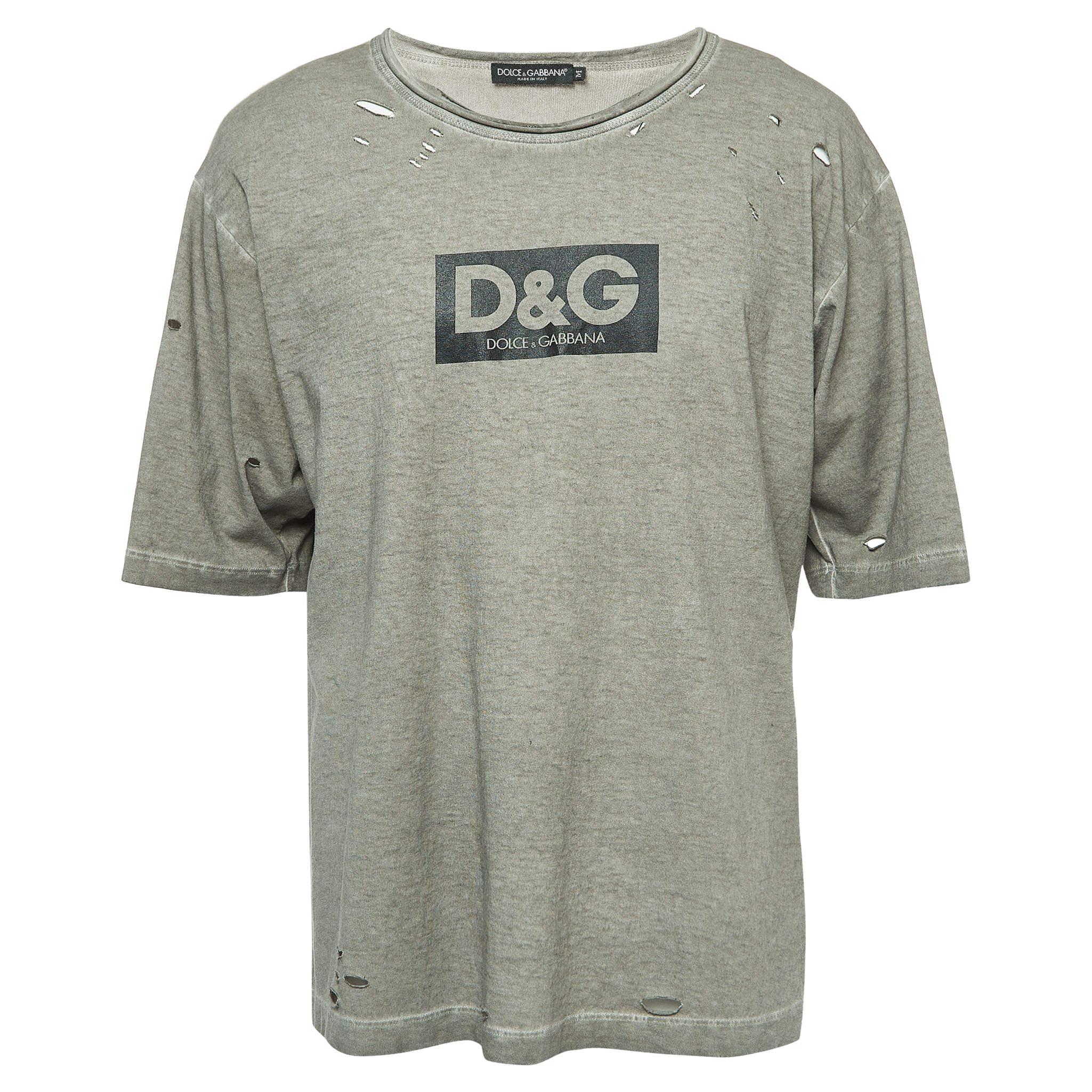 Dolce & Gabbana Grey Logo Print Distressed Cotton Half Sleeve T-Shirt M