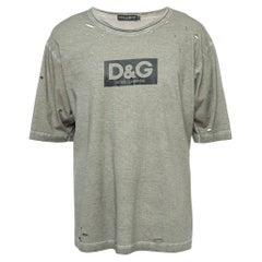 Dolce & Gabbana Grey Logo Print Distressed Cotton Half Sleeve T-Shirt M