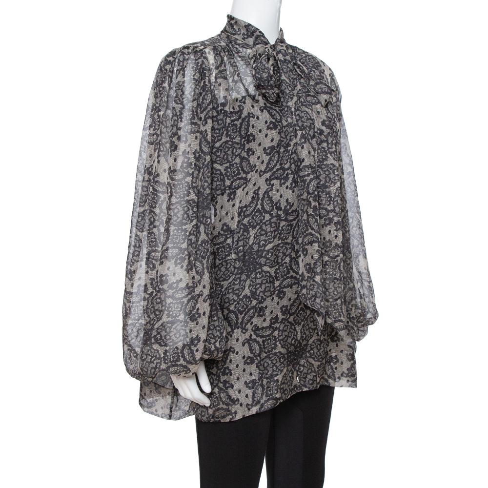 Gray Dolce & Gabbana Grey Paisley Print Silk Bow Tie Blouse M