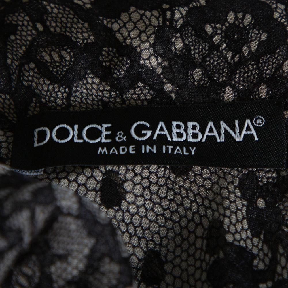 Dolce & Gabbana Grey Paisley Print Silk Bow Tie Blouse M 1