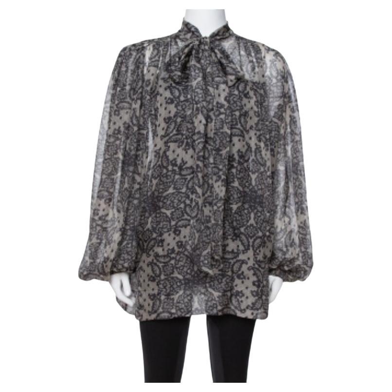 Dolce & Gabbana Grey Paisley Print Silk Bow Tie Blouse M For Sale