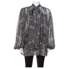 Dolce & Gabbana Grey Paisley Print Silk Bow Tie Blouse M