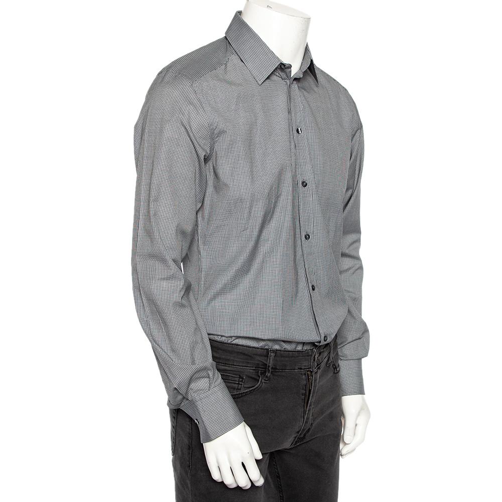 Gray Dolce & Gabbana Grey Pin Check Cotton Front Button Shirt M For Sale