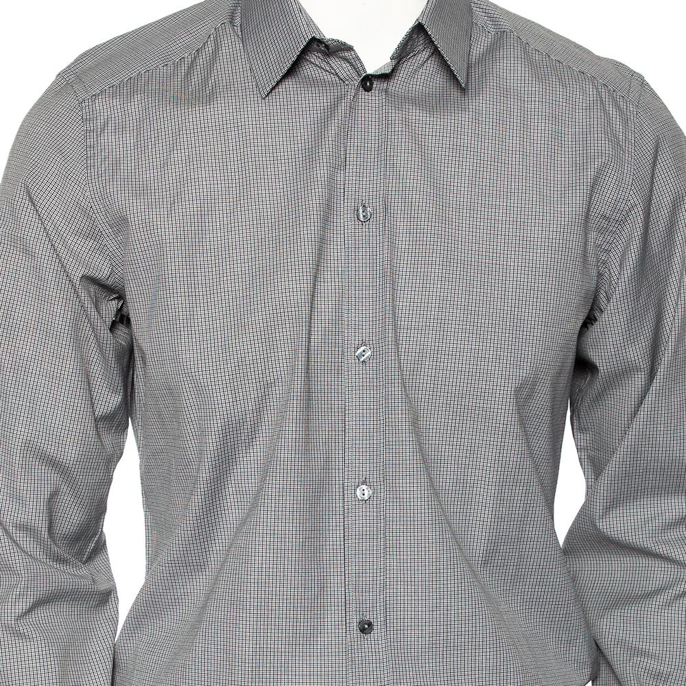 Dolce & Gabbana Grey Pin Check Cotton Front Button Shirt M For Sale 2