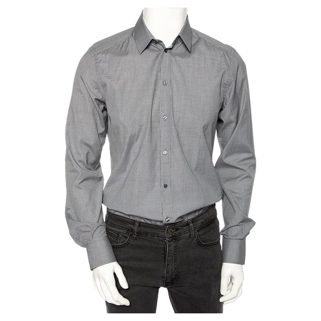 Dolce & Gabbana Grey Pin Check Cotton Front Button Shirt M For Sale