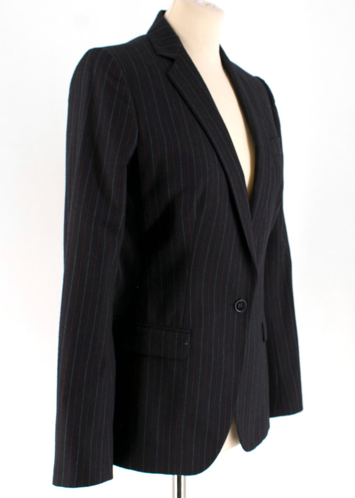 Dolce & Gabbana Dark Grey Pin Striped Wool blend Trousers Suit

Blazer:
- dark grey blazer
- pin striped
- single breasted
- single button fastening to the front 
- lined

Trousers:
- dark grey trousers
- pin striped
- slim straight leg fit
- button