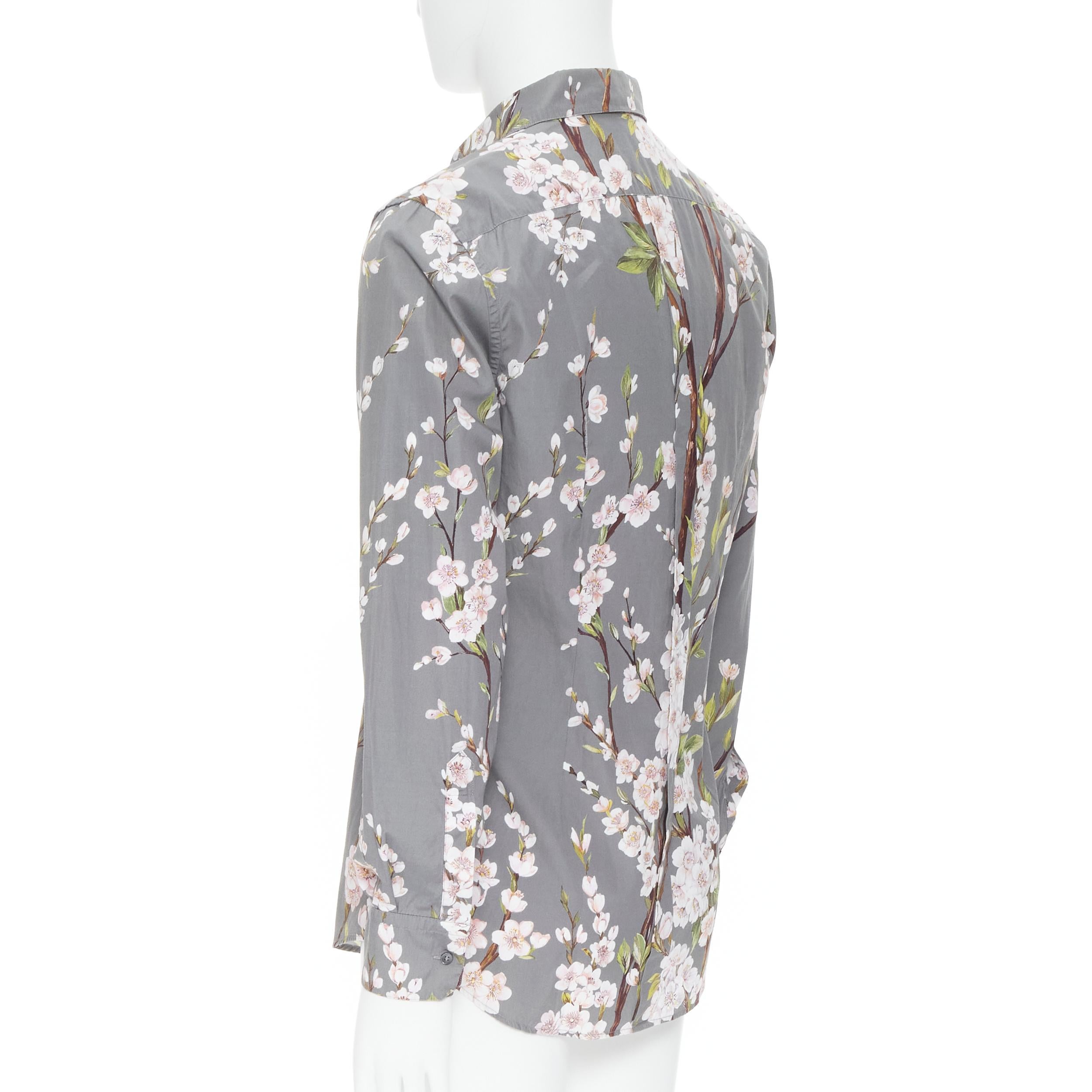 Gray DOLCE GABBANA grey pink cherry blossom floral print cotton shirt EU40 L