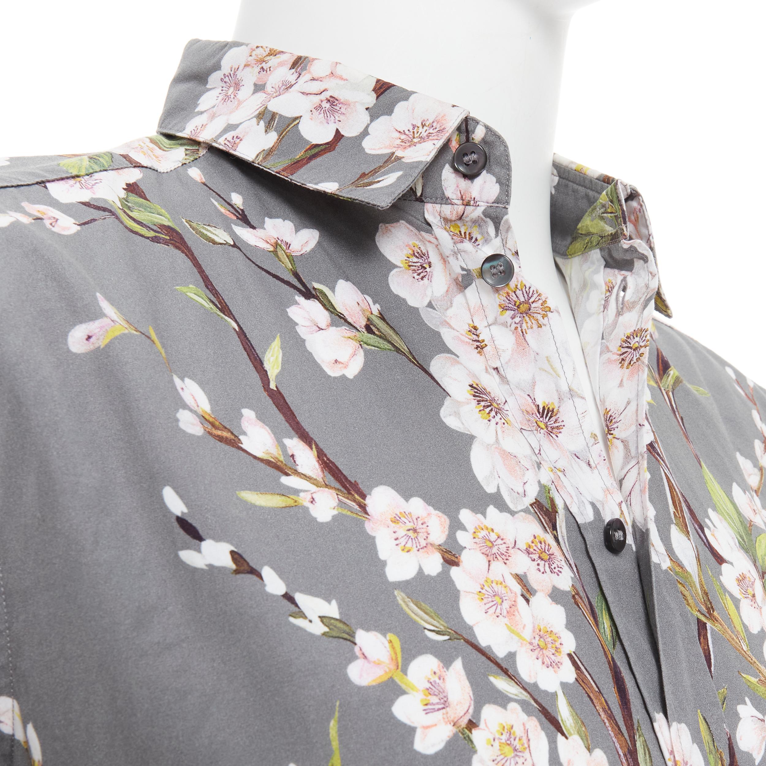 DOLCE GABBANA grey pink cherry blossom floral print cotton shirt EU40 L In Excellent Condition In Hong Kong, NT