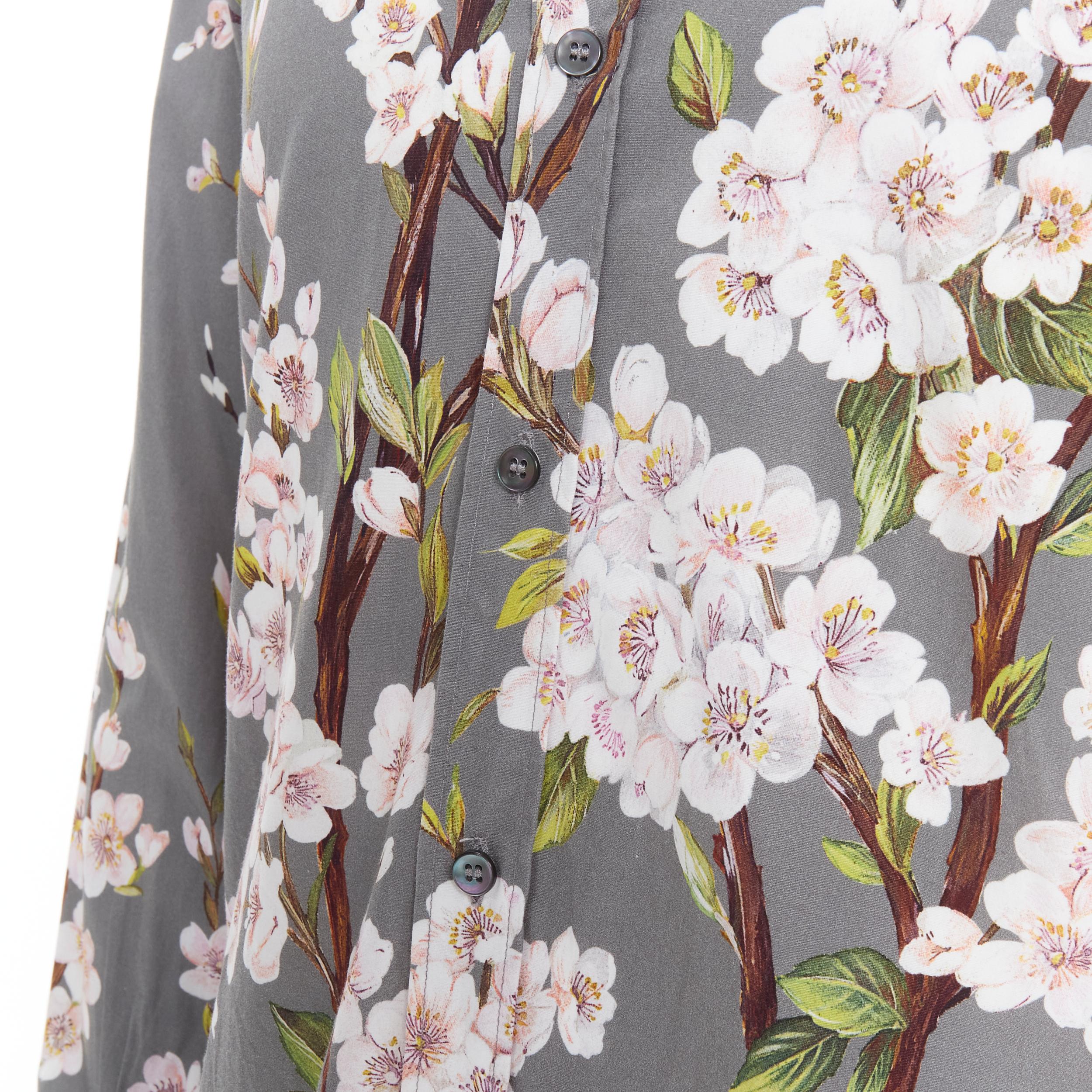 Men's DOLCE GABBANA grey pink cherry blossom floral print cotton shirt EU40 L