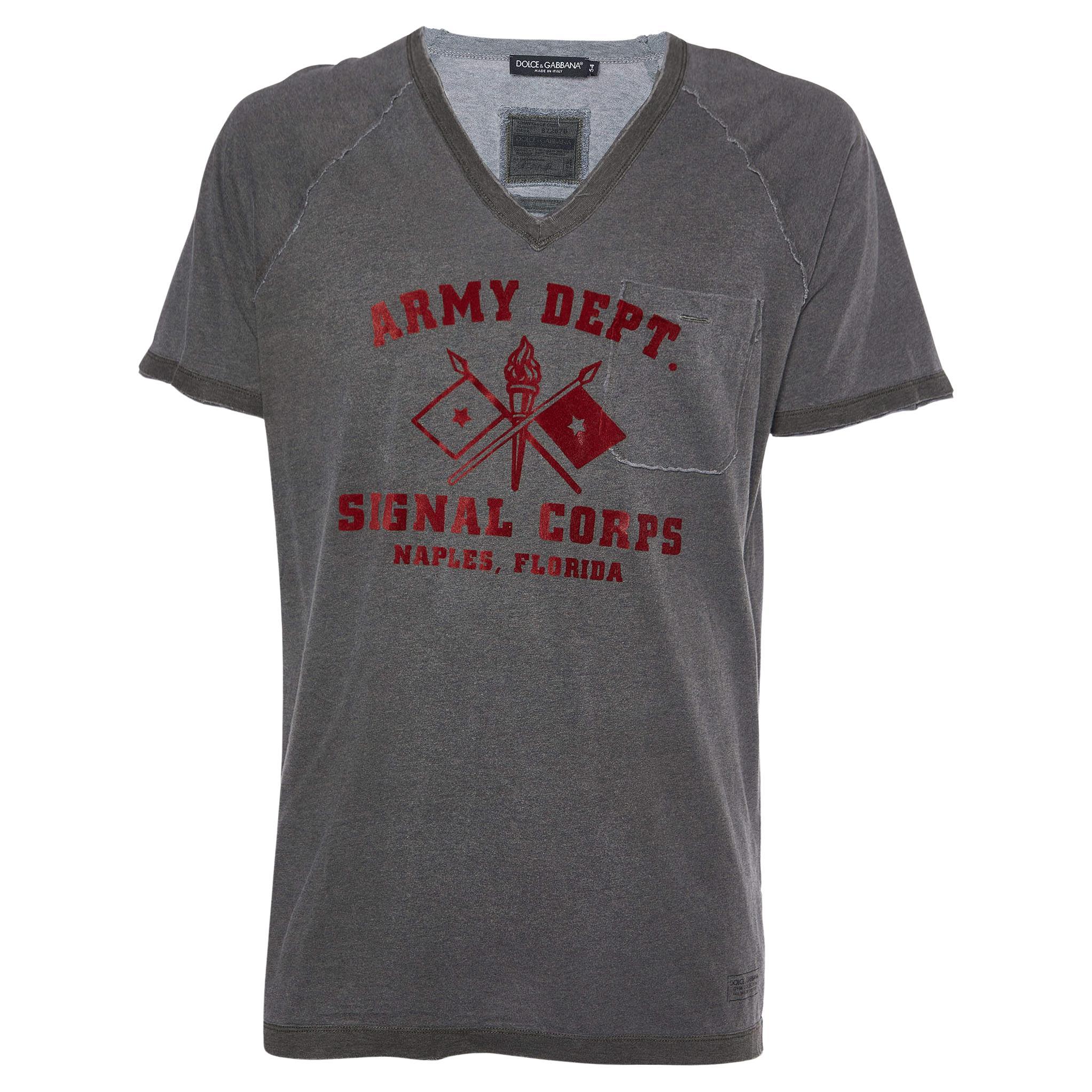Dolce & Gabbana Grey Printed Cotton Distressed T-Shirt XXL For Sale
