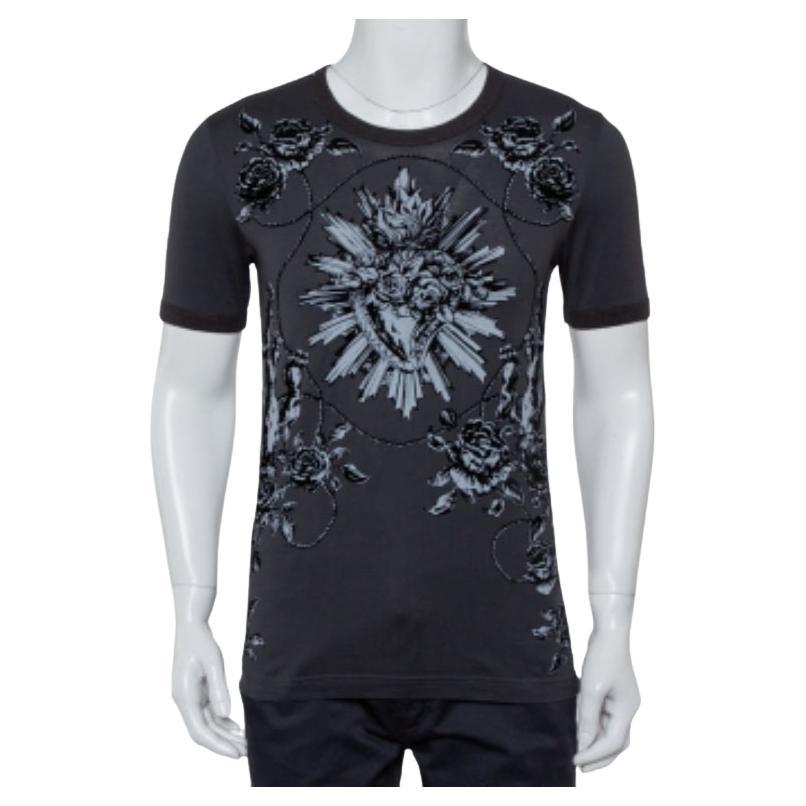 Dolce & Gabbana Grey Sacred Heart Flock Print Cotton T-Shirt XS For Sale