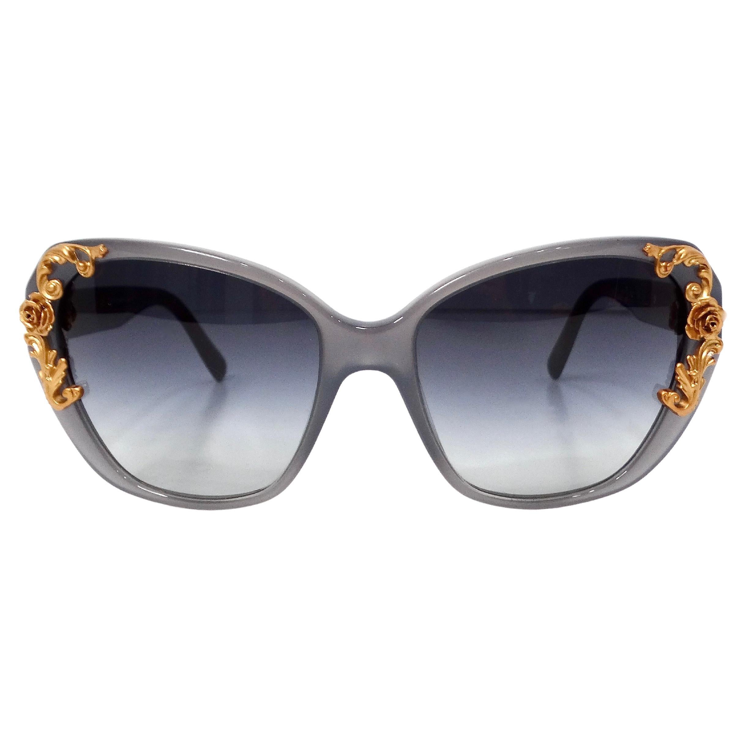 Dolce & Gabbana Grey Sicilian Baroque Floral Butterfly Sunglasses For Sale