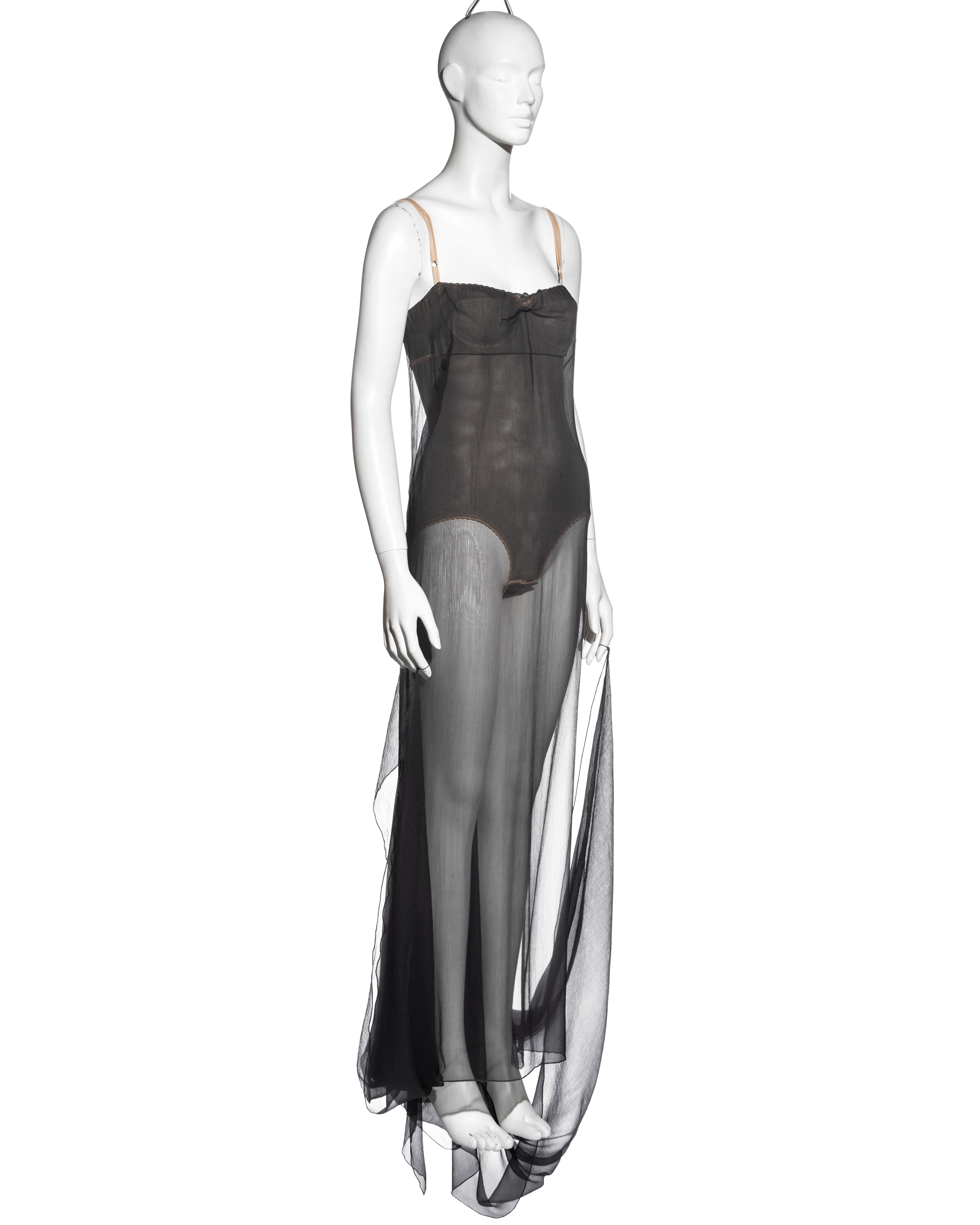 Dolce & Gabbana grey silk chiffon evening dress with built-in bodysuit, ss 1999 In Good Condition In London, GB