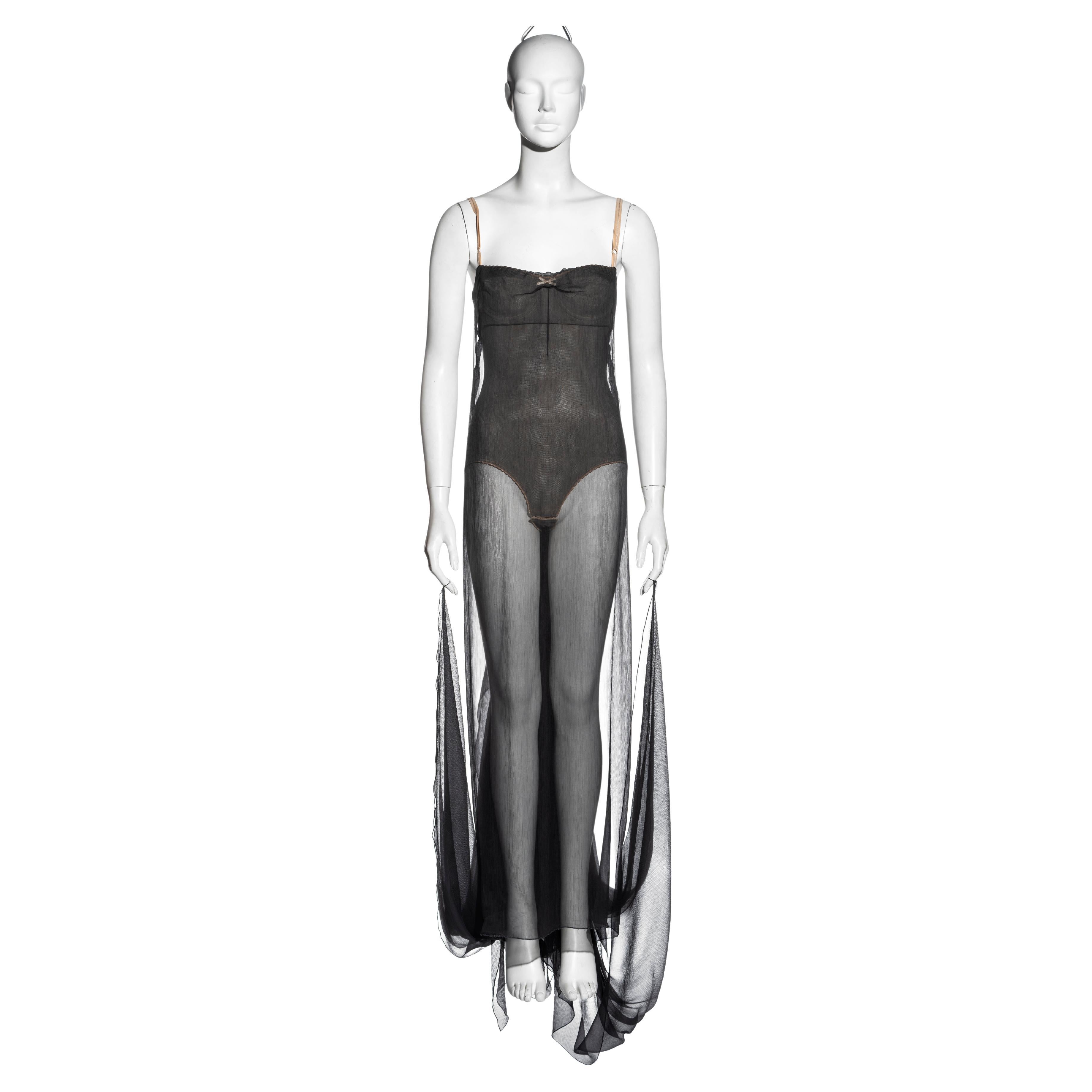 Dolce & Gabbana grey silk chiffon evening dress with built-in bodysuit, ss 1999