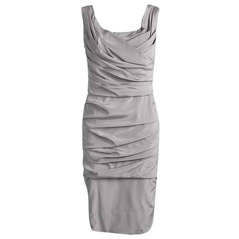 Dolce & Gabbana Grey Silk Ruched Sleeveless Dress M For Sale