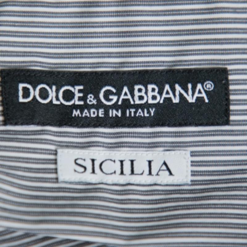 Gray Dolce & Gabbana Grey Striped Cotton Button Front Sicilia Shirt XL For Sale