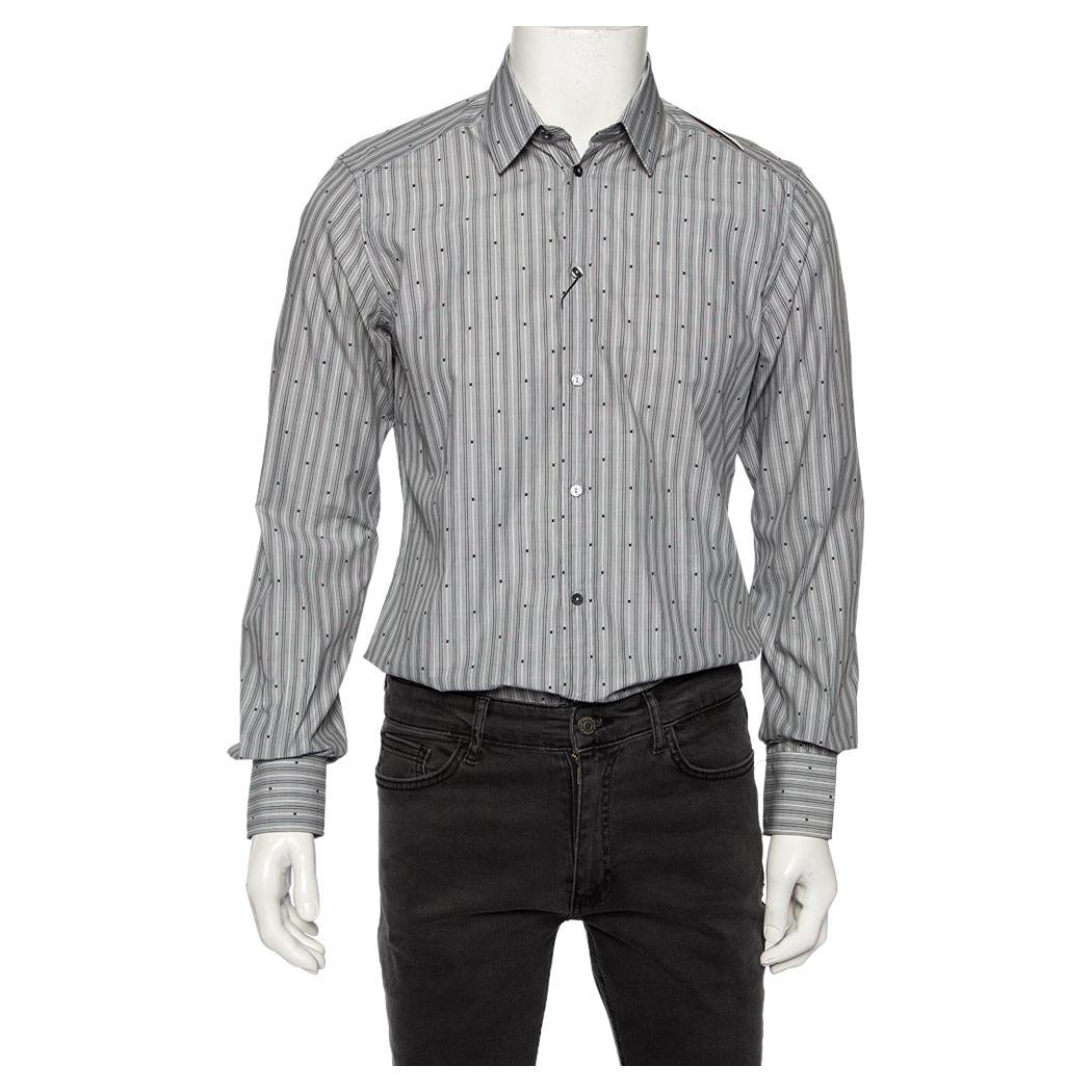 Dolce & Gabbana Grey Striped Cotton Embroidered Detail Gold Fit Shirt M For Sale