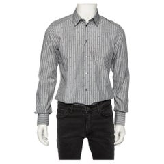Dolce & Gabbana Grey Striped Cotton Embroidered Detail Gold Fit Shirt M