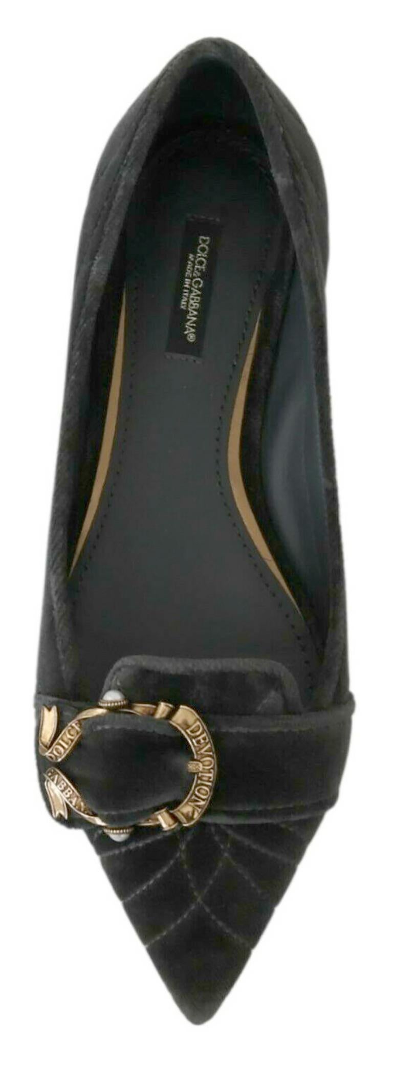 Black Dolce & Gabbana Grey Velvet Devotion Ballerinas Flats Shoes Leather Gold Logo