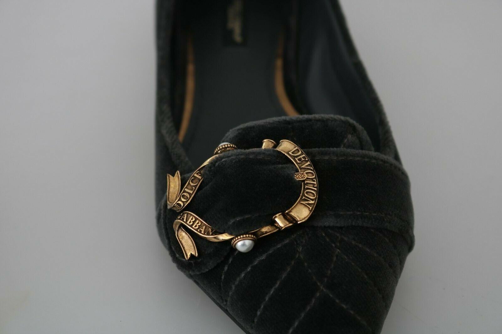 Dolce & Gabbana Grey Velvet Devotion Ballerinas Flats Shoes Leather Gold Logo In New Condition In WELWYN, GB