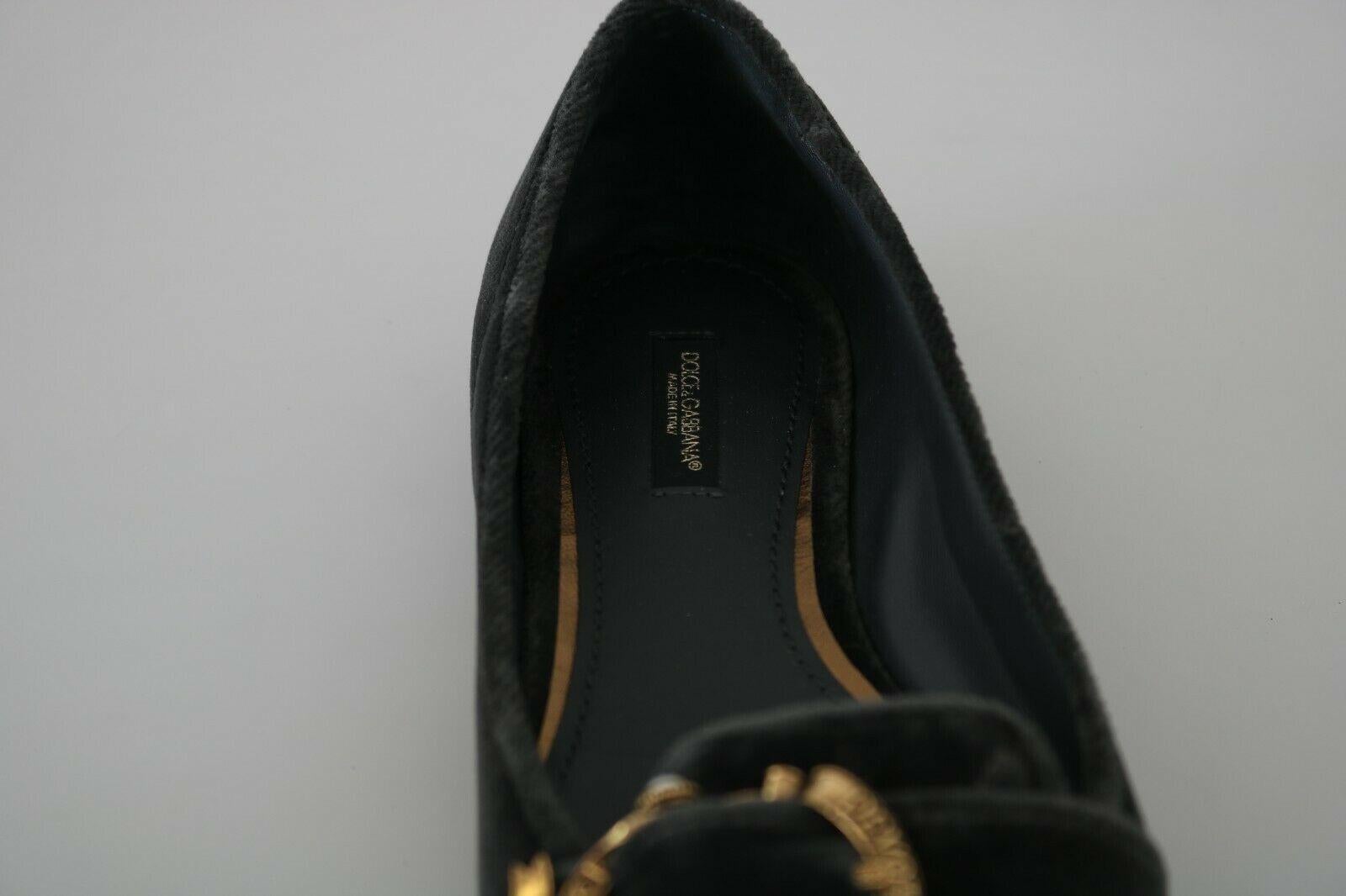 Women's Dolce & Gabbana Grey Velvet Devotion Ballerinas Flats Shoes Leather Gold Logo